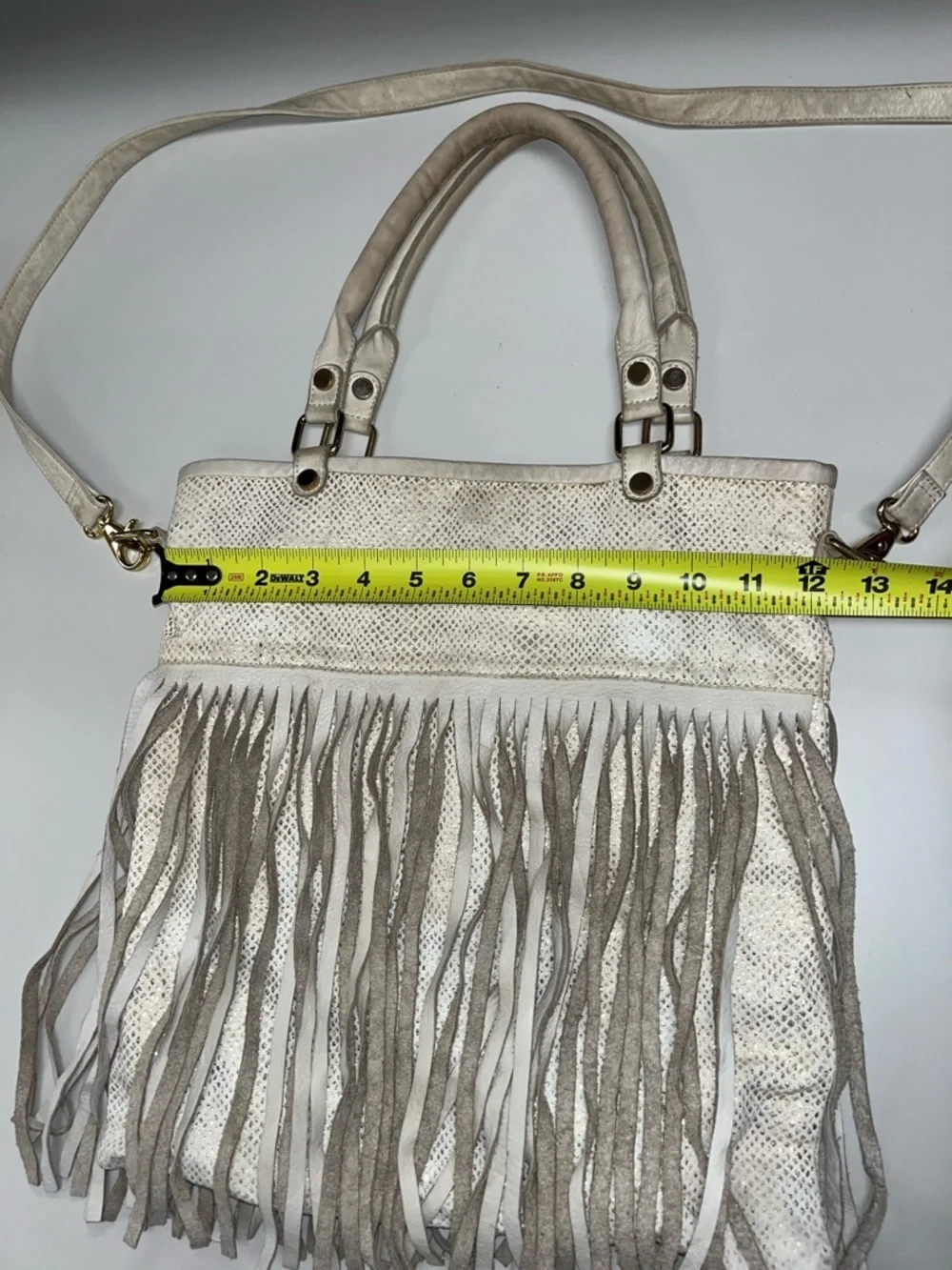 B-Low the Belt White & Gold Fringe Leather & Canvas Shoulder Bag
